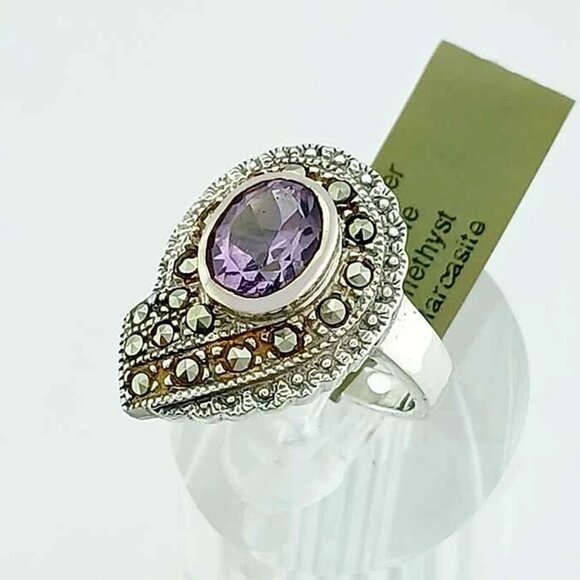 Genuine 1.50 Cts Amethyst & Lab Marcasite Ring .925 Sterling Silver - Picture 2 of 5
